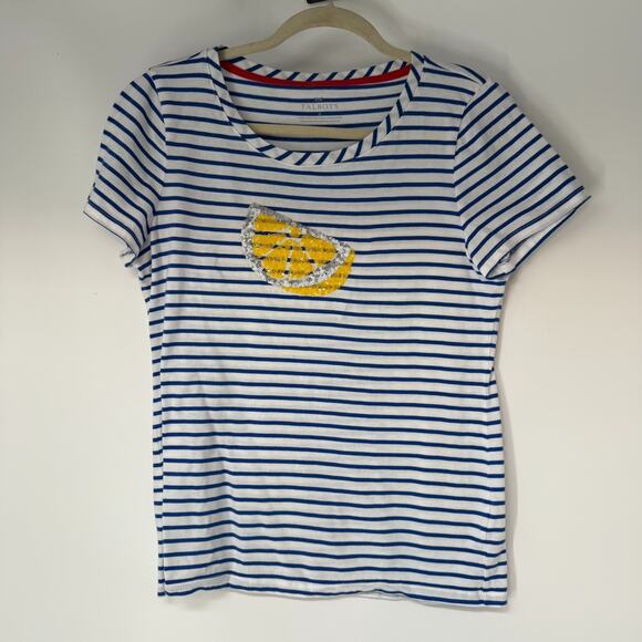 Talbots Tops - Talbots Sequin Lemon Slice Striped T-Shirt Womens M Blue White Short Sleeve Pima